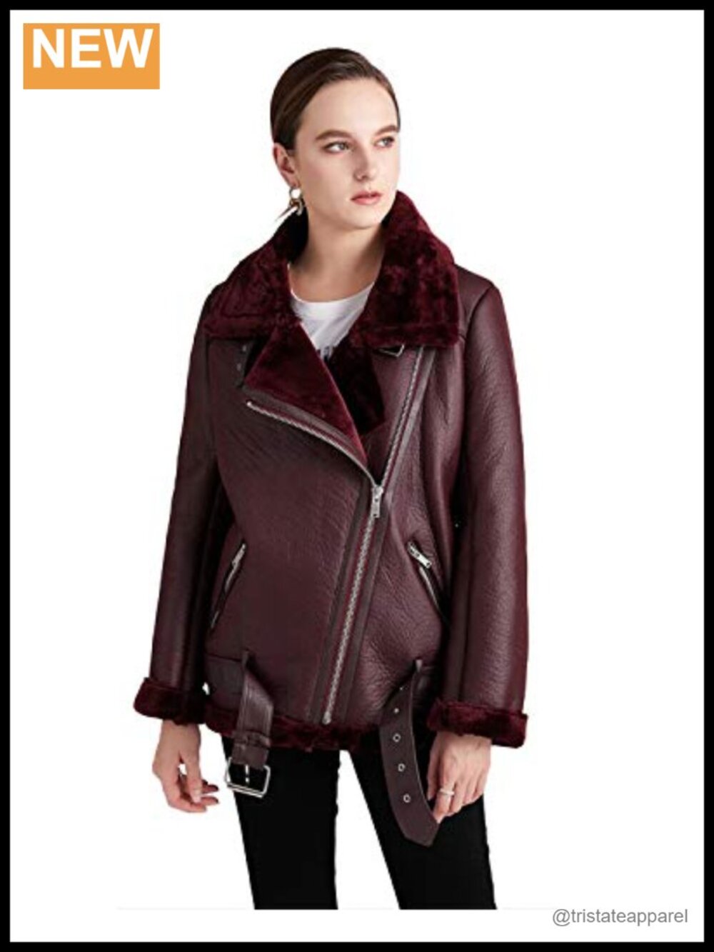 Women's Faux Leather Moto Biker Jacket with Fur Collar Winter Zip Coat